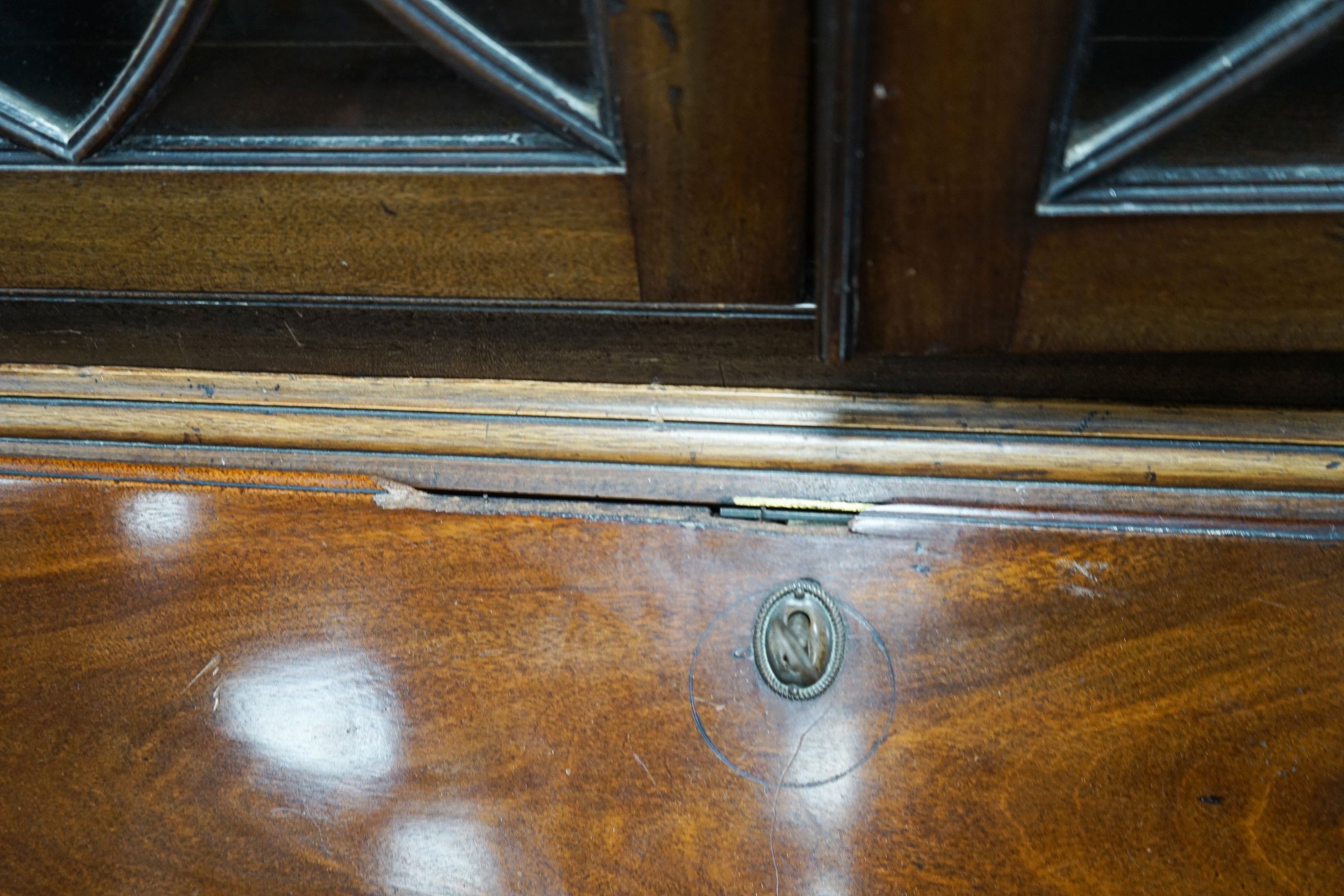 A George III and later mahogany bureau bookcase, length 91cm, depth 57cm, height 210cm